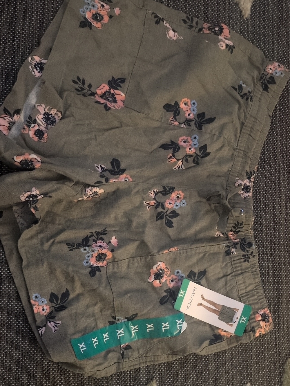 Nautica Olive Green Floral Drawstring Shorts with Pink & Blue Blooms